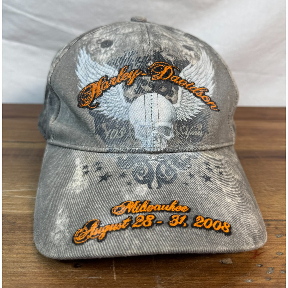 Harley-Davidson Gray Tie-Dye Skull Wings Motorcycle Cap Hat One Size Y2K Style